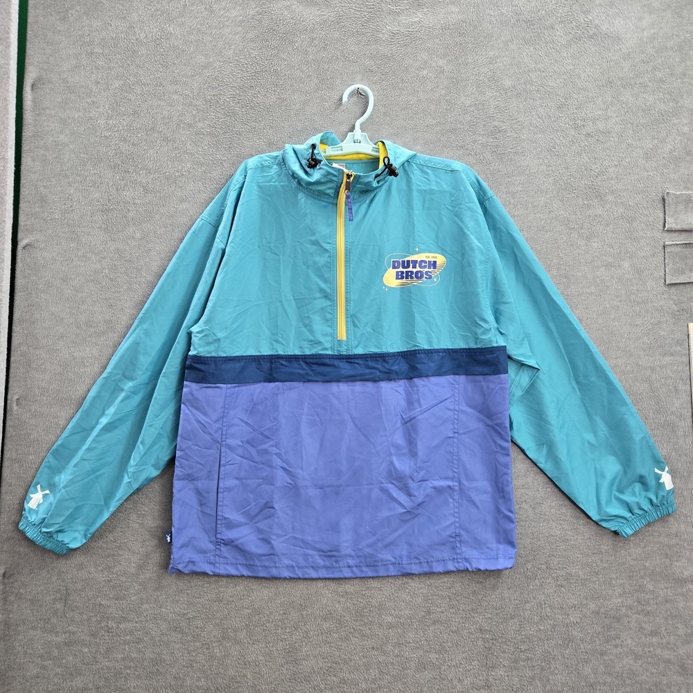 Dutch Bros Men Jacket‎ L Teal Windbreaker Colorblock Activewear Logo Zipper